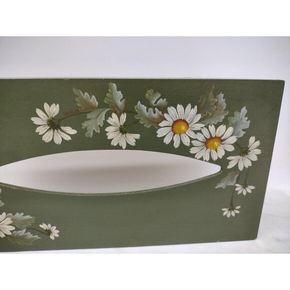 Tole Painted Wooden Tissue Box Cover Rectangle Daisy Floral Hand Painted Green - Picture 4 of 13
